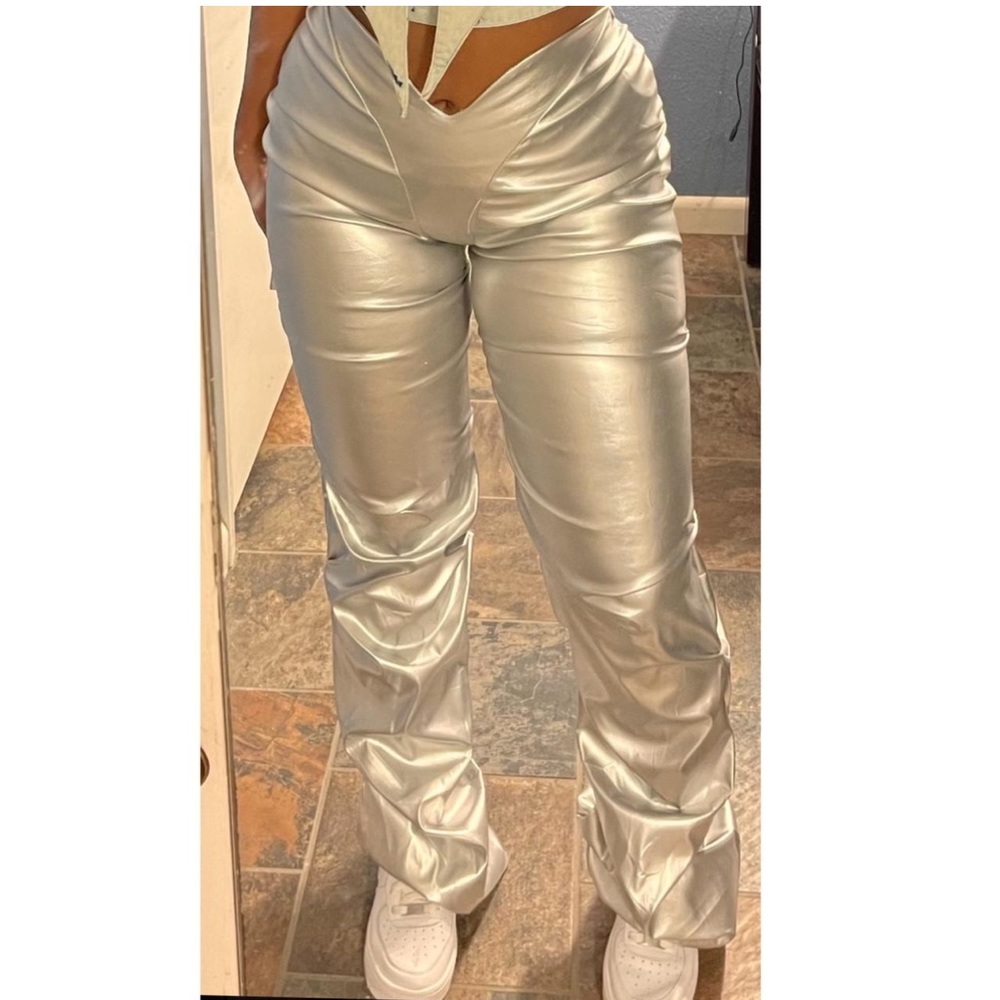 Silver metallic scrunch leather pants